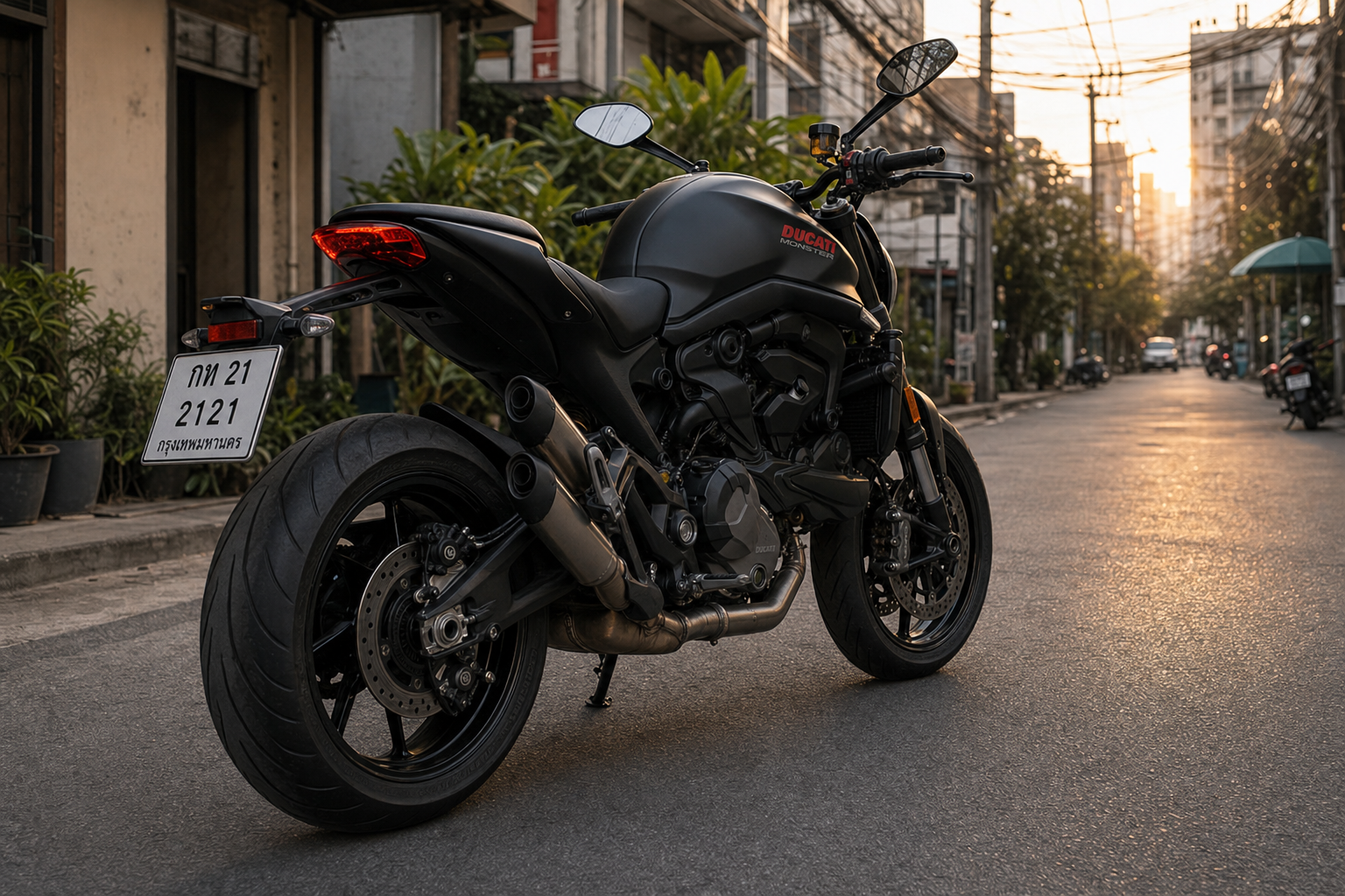 Black Ducati Monster parked on a Bangkok street
