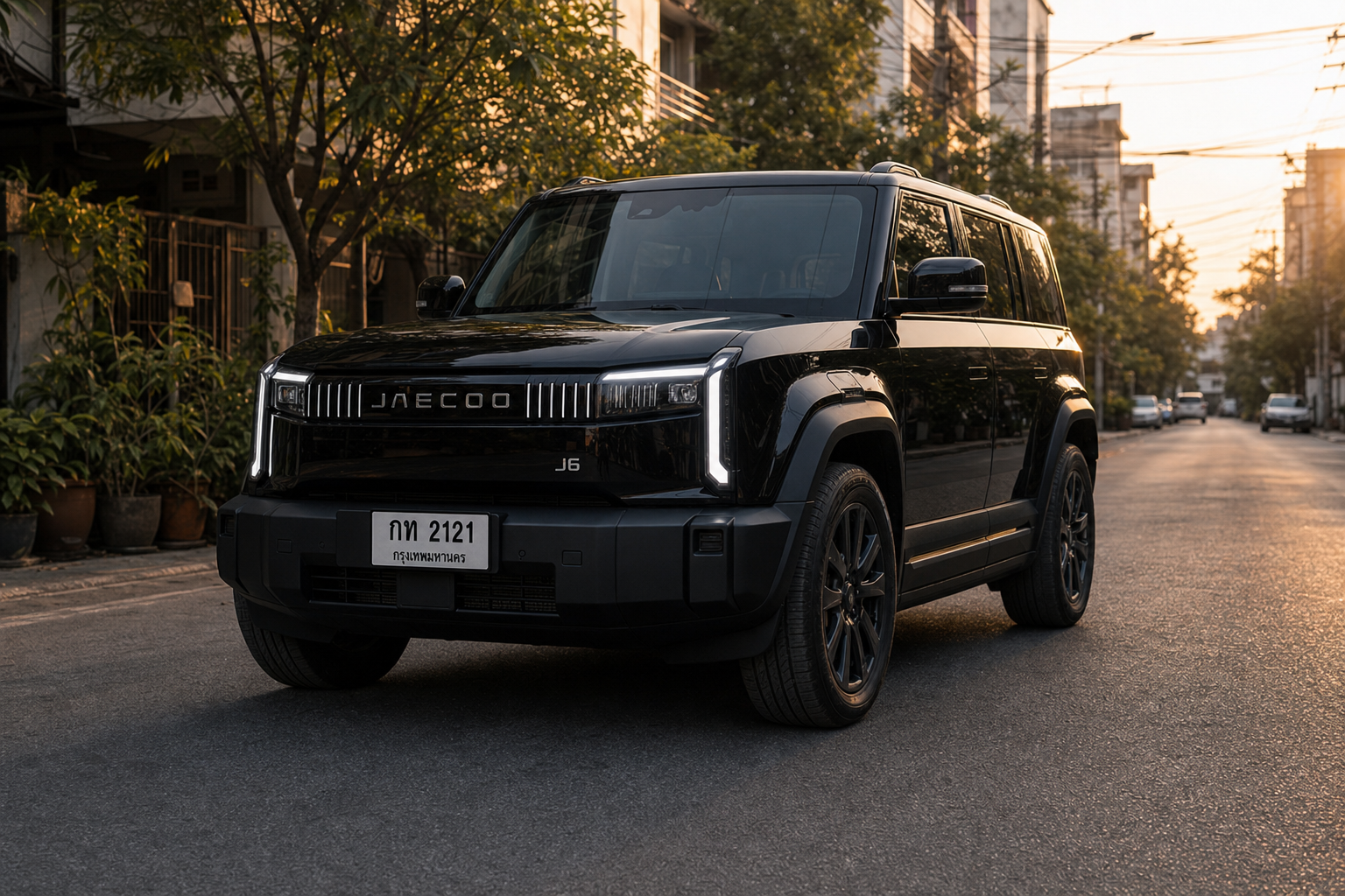 Black Jaecoo 6 EV in Bangkok morning light