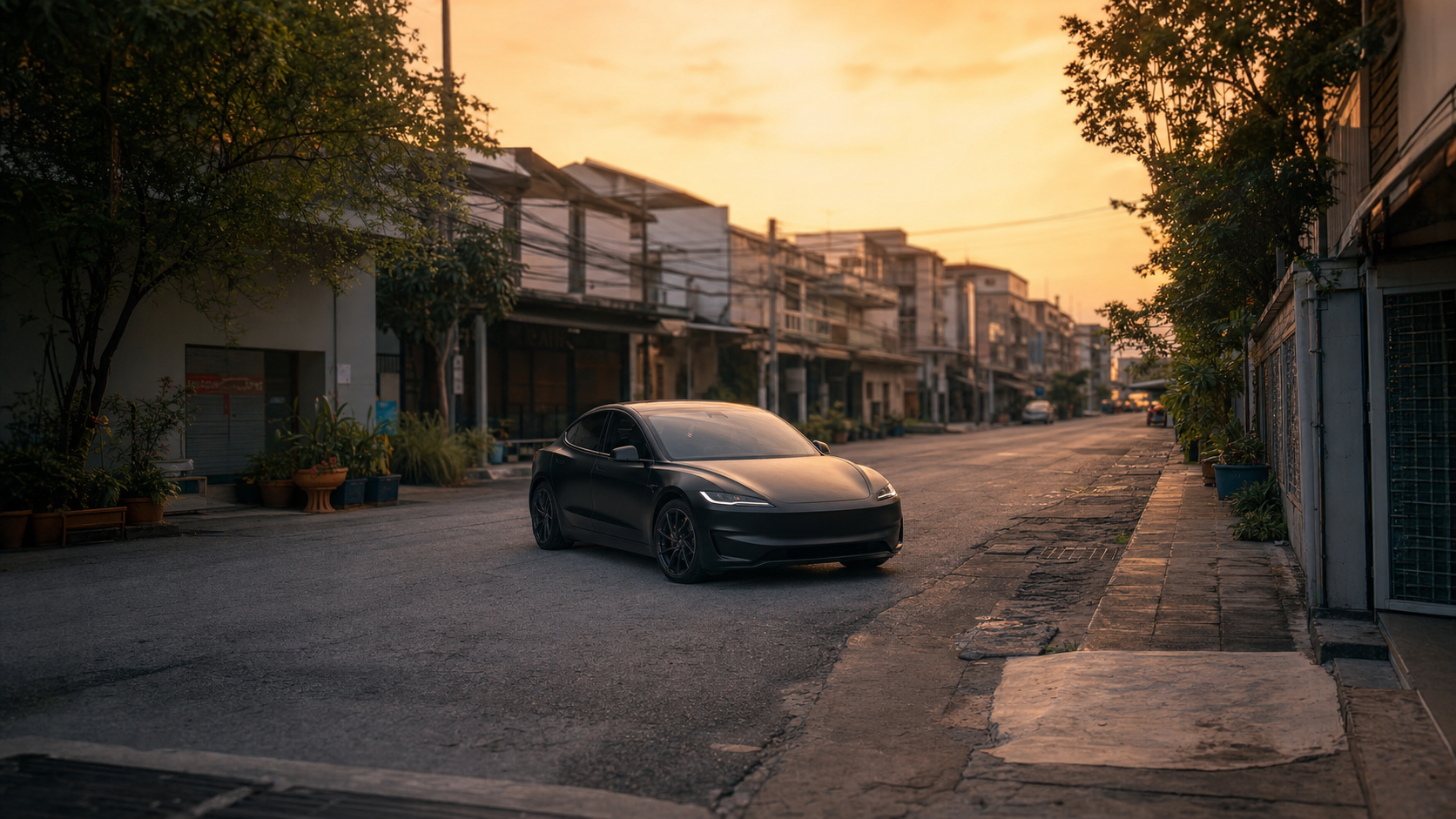 Black premium car on a Bangkok street