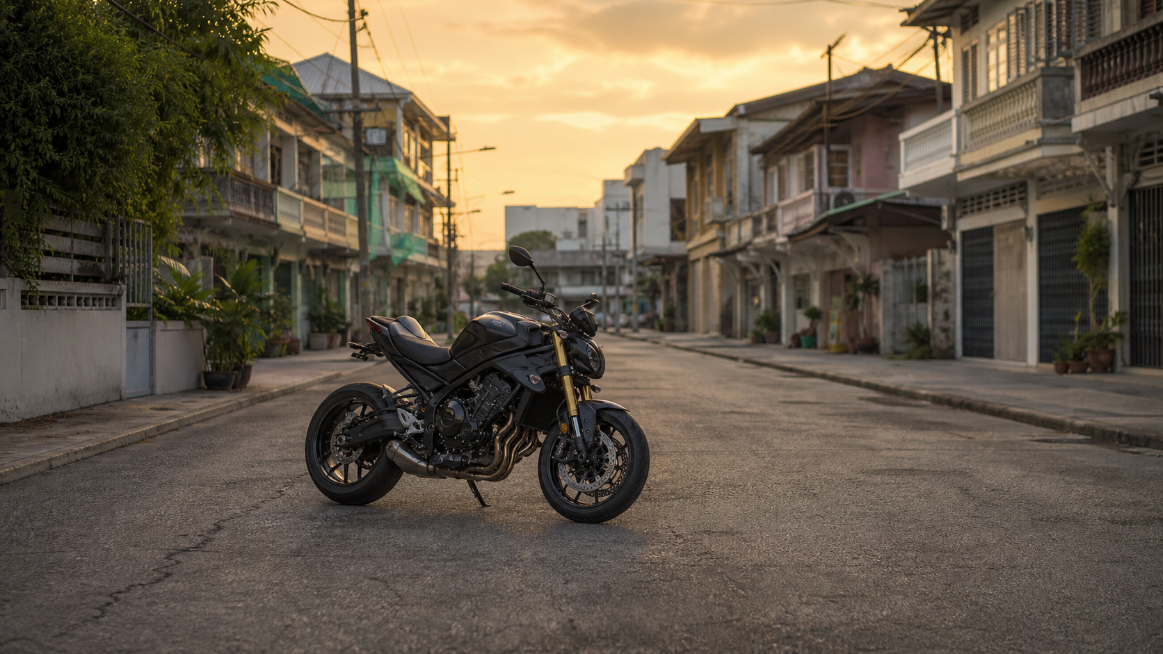 Black naked sport motorcycle on a Bangkok street